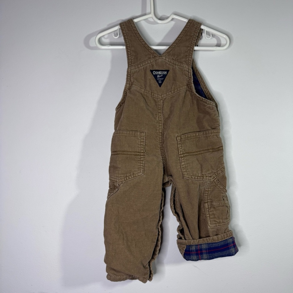 OshKosh B’gosh Corduroy Overalls 9M Brown Plaid Flannel Lined Baby Fall - Picture 2 of 5